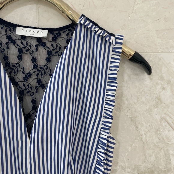 NWT SANDRO Dress Blue White Striped Cotton Lace Back "Gana" - Picture 7 of 13